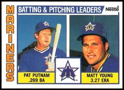 84N 336 Mariners Batting %26 Pitching Leaders Pat Putnam Matt Young.jpg